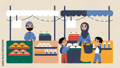 Vibrant Ramadhan Night Bazaar Scene with People Shopping and Vendors at Stalls