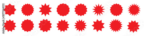 Collection of red starburst price tags with subtle shading. Round stickers with wavy edges and black promotional badges. Blank sale labels in a simple flat vintage style, isolated on white background.