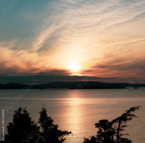 Tableau sur toile Sunset over calm water with silhouetted trees, Newfoundland