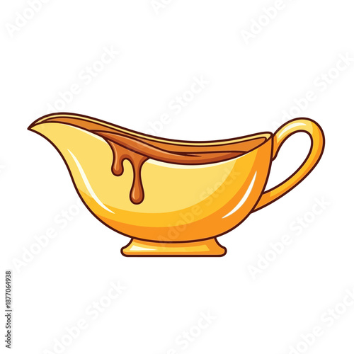 Vector icons Yellow cartoon gravy boat with dripping brown sauce illustration. EPS Editable
