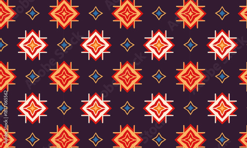 Seamless Tribal Geometric Pattern with Vibrant Diamond Motifs on Dark Background