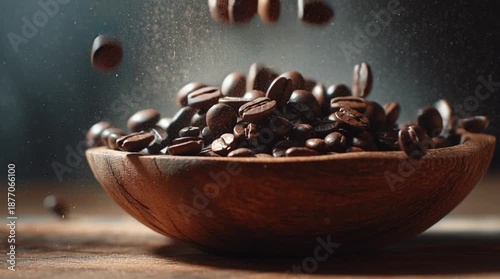 Organic coffee beans falling into wooden bowl evoke freshness aroma sustainability craft and morning ritual