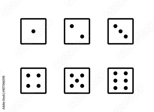 Dice face icons arranged from one to six, Gambling and board game symbols, Casino dice graphics, Probability and chance UI icons, Dice icon set, Vector illustration.
