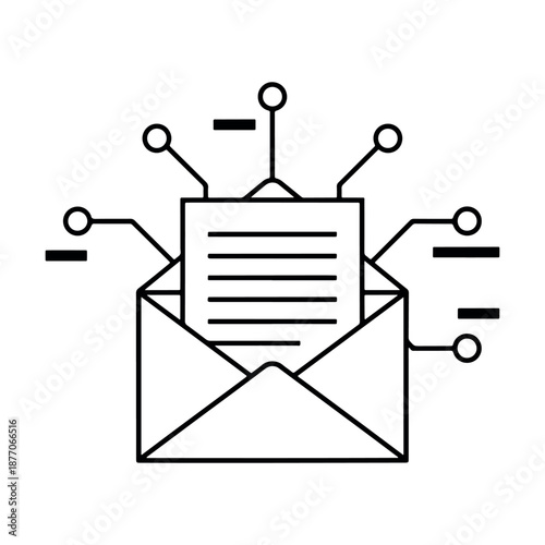 Digital Email Marketing Concept. Envelope and Letter with Circuit Board Lines for Technology, Data Communication, and Newsletter Connectivity.
