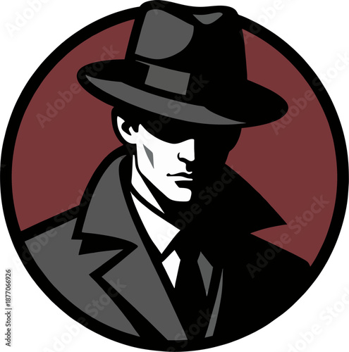 Noir Detective Silhouette with Fedora Tilted Shadowy Face in Red Circle, Vintage Mystery Investigator Vector Emblem