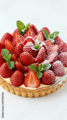 Fresh Strawberry Tart with Cream and Mint Sprinkled with Powdered Sugar