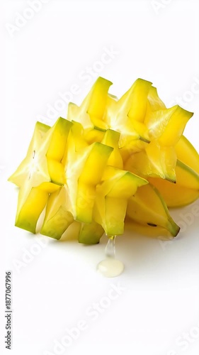 Freshly Sliced Starfruit Stacked Together Against White Background