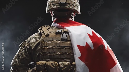 Canadian soldier standing with national flag in dark smoky environment