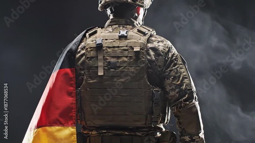 soldier with camouflage gear and german flag backdrop in a dark smoky
