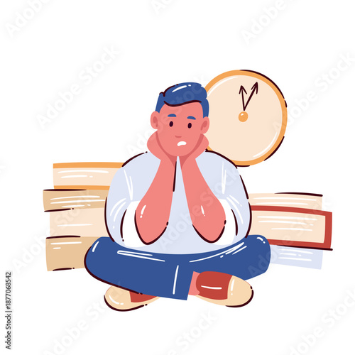 Time management stress man sitting with books and clock. Deadline pressure, overload, poor planning, study work balance issue. Cartoon vector illustration, isolated.