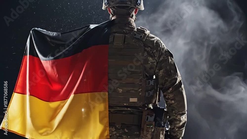 soldier with german flag cape standing against smoky night sky demonstrating