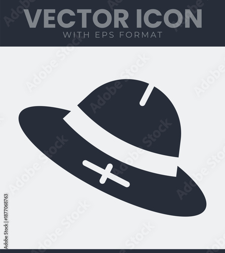 Safari hat icon pith helmet headwear for exploration adventure travel and outdoor. Headwear, sun, protection, explorer, hunter, jungle, forest, tourism, vacation. Solid vector symbol illustration