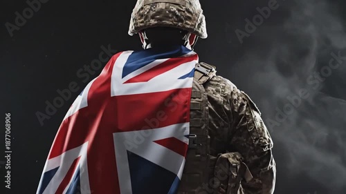 soldier standing with british flag draped over military uniform under cloudy sky