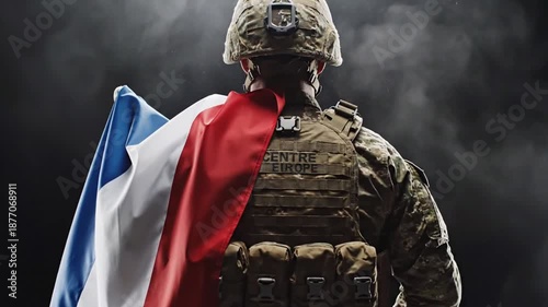 Brave soldier standing with French flag in stormy sky symbolizing resilience