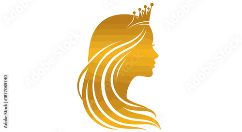 Golden silhouette of a female profile with flowing hair and a crown.