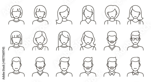 Set of simple black and white line art avatars representing diverse male and female faces with various hairstyles and accessories.