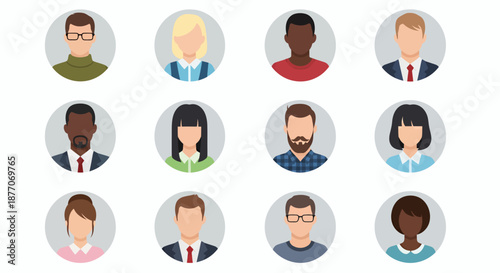 Diverse group of professional business people avatars in circular frames.
