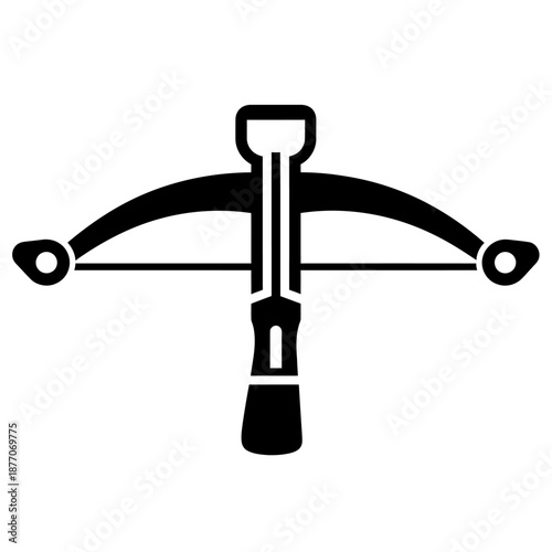 Minimal black and white vector icon inspired by medieval archery equipment, abstract crossbow symbol in flat geometric style on a clean white background.