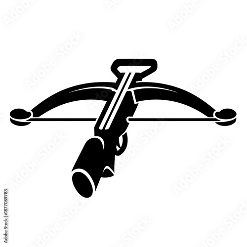Minimal black and white vector icon inspired by medieval archery equipment, abstract crossbow symbol in flat geometric style on a clean white background.