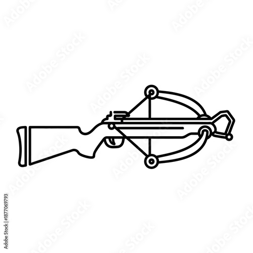 Minimal black and white vector icon inspired by medieval archery equipment, abstract crossbow symbol in flat geometric style on a clean white background.