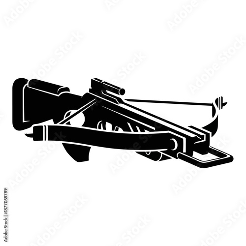 Minimal black and white vector icon inspired by medieval archery equipment, abstract crossbow symbol in flat geometric style on a clean white background.