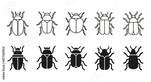 Set of various black and white beetle insect icons in different styles and shapes.