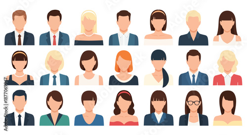 Diverse collection of flat style avatar icons representing various people.