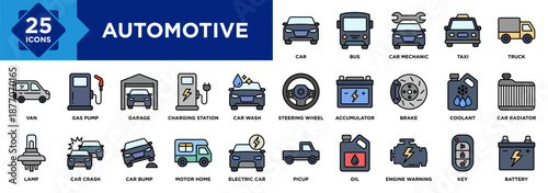 Automotive icon collection set. Containing Car, Bus, Car Mechanic, Taxi, Garage, Car Wash, Van, Truck, Gas Pump, Battery icon