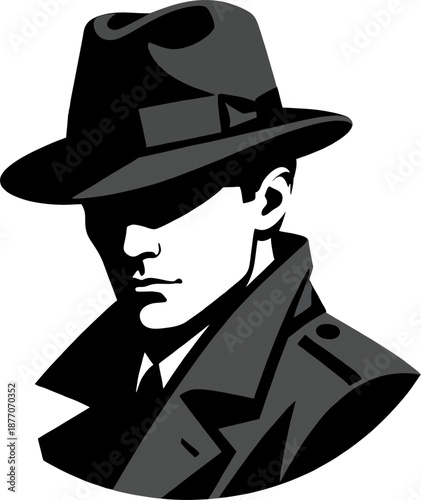 High Contrast Noir Detective Portrait Silhouette Fedora Coat Tie, Vintage Spy Emblem Vector Icon