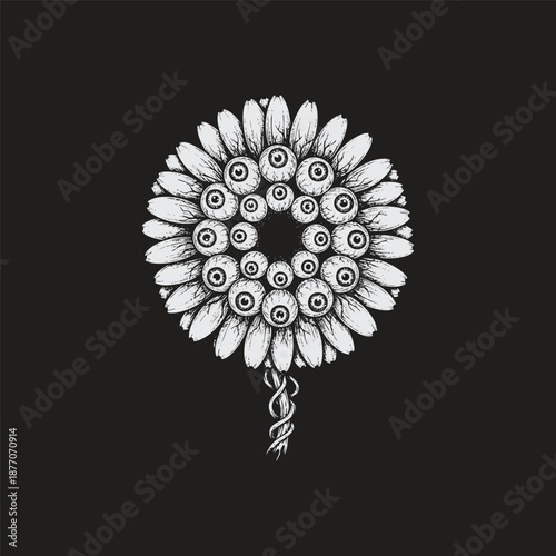 Creepy surreal illustration of a sunflower with multiple human eyeballs in the center isolated on dark background
