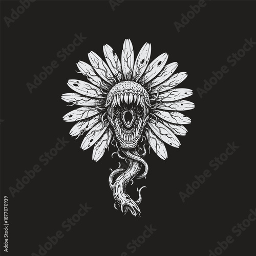 Surreal horror engraving of a monstrous sunflower with a sharp-toothed mouth in the center isolated on a black background