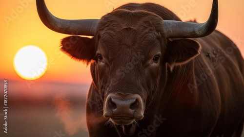 Powerful Bull Portrait at Sunset with Golden Light, Majestic Farm Animal Facing Camera in Rural Countryside Landscape, Symbol of Strength Determination and Natural Power, Dramatic Evening Sky, High De