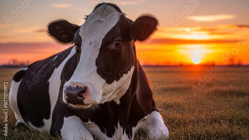Resting Dairy Cow in Pasture at Sunset, Peaceful Livestock Portrait with Warm Golden Hour Light, Rural Countryside Farming Scene Symbolizing Calm Nature and Sustainable Agriculture, High Detail Natura