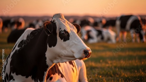 Peaceful Dairy Cow Standing in Pasture at Sunset, Natural Livestock Farming Scene with Grazing Cattle in Golden Hour Light, Rural Agriculture Landscape, Calm Countryside Atmosphere, Sustainable Farm L