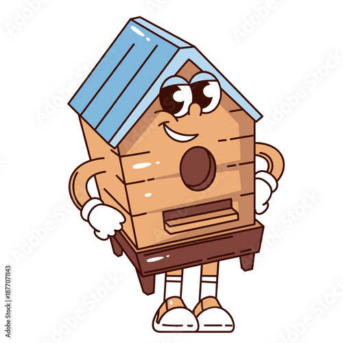 Honey beehive character with smiling face, wooden hive, roof, entrance hole, cute legs. Honey hive mascot, sweet honey concept, groovy cartoon look. Cartoon vector illustration, isolated.