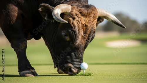 Powerful bull aiming at a golf ball on a green field, surreal sports concept blending strength, precision, humor, and creativity in a unique and imaginative visual scene