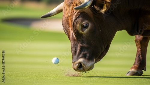 Powerful Bull Closely Watching Golf Ball on Green Field, Unique Concept of Strength Precision and Focus, Wild Animal Encounter with Sport Element, Dramatic Nature and Sports Fusion Scene, High Detail 