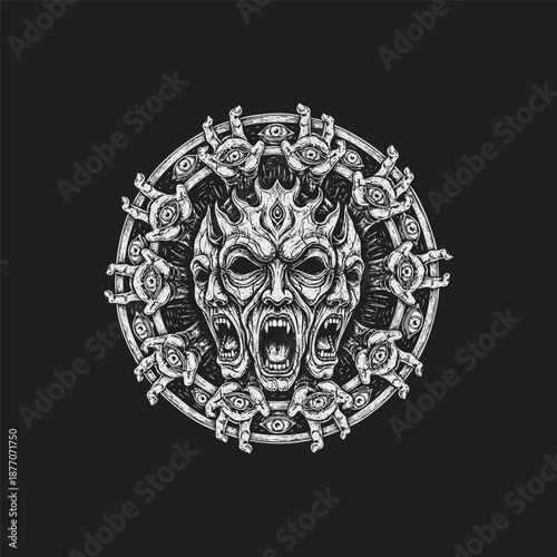 Surreal horror engraving of a demonic multi-faced deity inside a circular mandala surrounded by hands with eyes isolated on a black background
