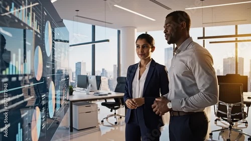Business professionals collaborating in modern office with city view
