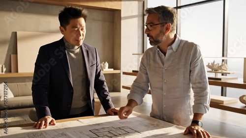 Architects Shaking Hands Over Blueprint in Modern Office