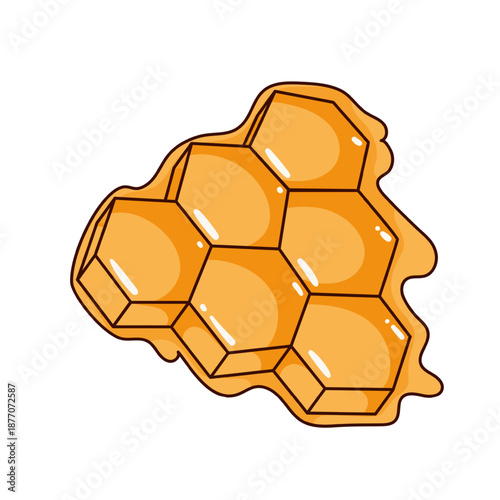 Honeycomb piece with hexagon cells, dripping honey texture, golden sweet honey structure. Natural honeycomb detail, honey food element. Cartoon vector illustration, isolated.