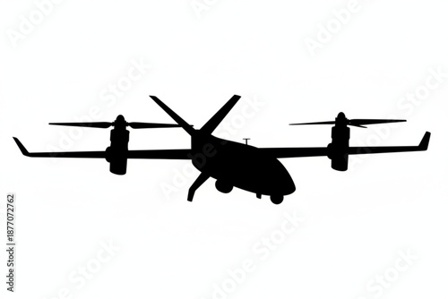 VTOL Aircraft Silhouette: The silhouette of a cutting-edge VTOL aircraft in flight, with its unique design and rotors, represents the innovation of future flight and advanced transport