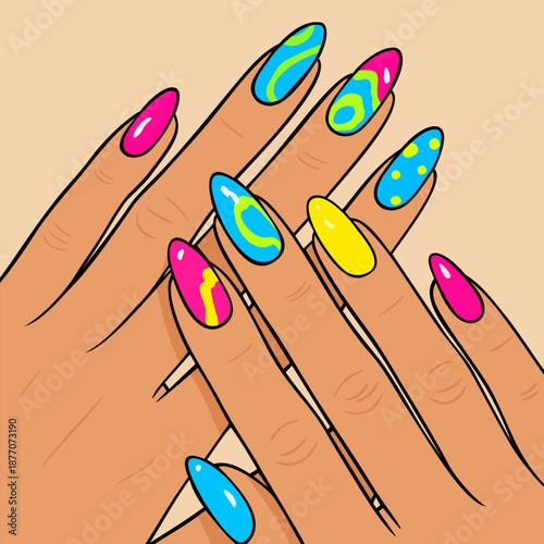 Woman's elegant hands with neon bright nail design, each finger showcasing unique nail art of different vibrant colors, including pink, blue, and yellow. Vector isolated illustration