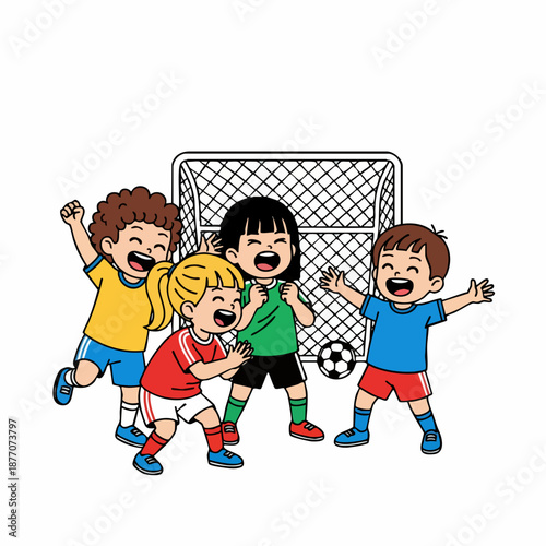 Cheerful Handdrawn Group of Children Playing Soccer Illustration Art