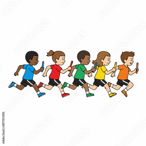 Colorful Cartoon Style Running Children Passing Baton in Relay Race