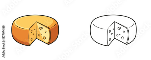 Cartoonish wheel of yellow gouda cheese with a cut wedge in orange and yellow colors representing traditional dutch dairy product on white background