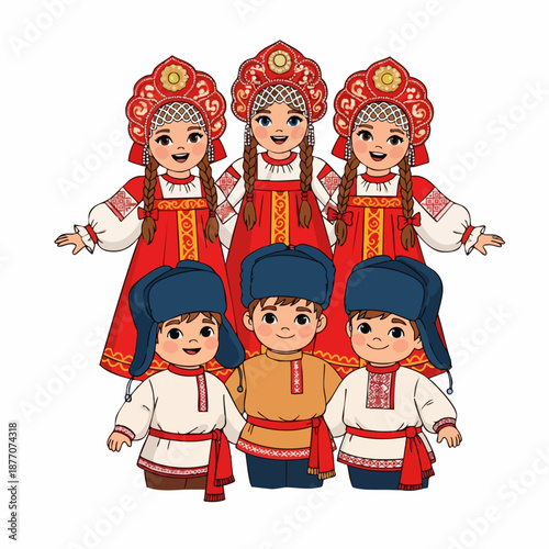 Cartoon Style Cheerful Russian Traditional Costume Wearing Children Characters Illustration