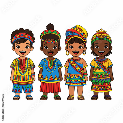 Cartoon Style Diverse Group of Children in Traditional Clothing Illustration