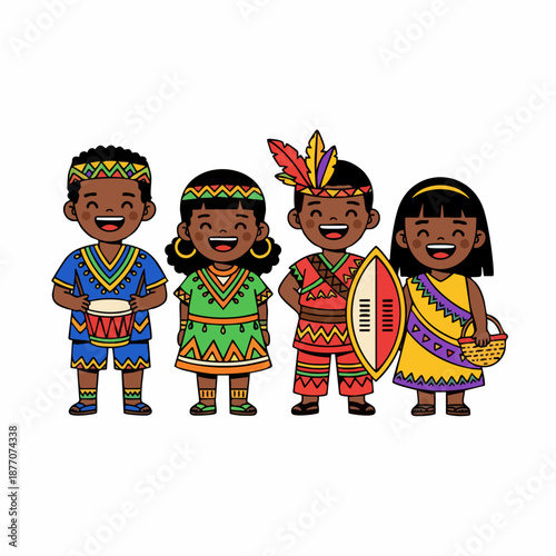 Cartoon Flat Style African Children with Traditional Clothes and Instruments