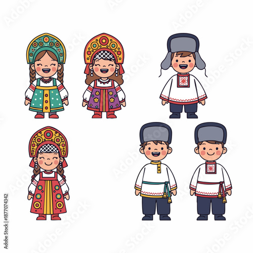 Cute Handdrawn Russian Clothing and People Set Traditional Culture Illustration